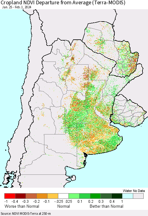 Southern South America Cropland NDVI Departure from Average (Terra-MODIS) Thematic Map For 1/25/2024 - 2/1/2024