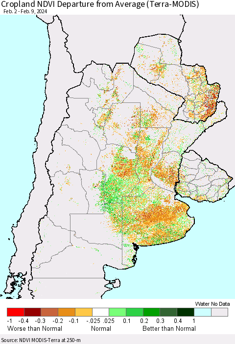 Southern South America Cropland NDVI Departure from Average (Terra-MODIS) Thematic Map For 2/2/2024 - 2/9/2024