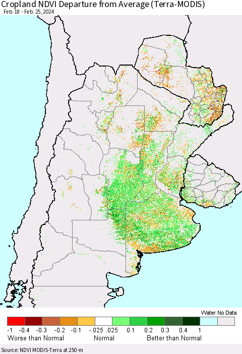 Southern South America Cropland NDVI Departure from Average (Terra-MODIS) Thematic Map For 2/18/2024 - 2/25/2024