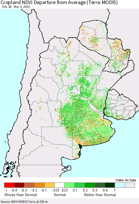 Southern South America Cropland NDVI Departure from Average (Terra-MODIS) Thematic Map For 2/26/2024 - 3/4/2024