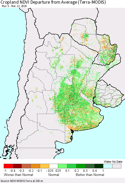 Southern South America Cropland NDVI Departure from Average (Terra-MODIS) Thematic Map For 3/5/2024 - 3/12/2024
