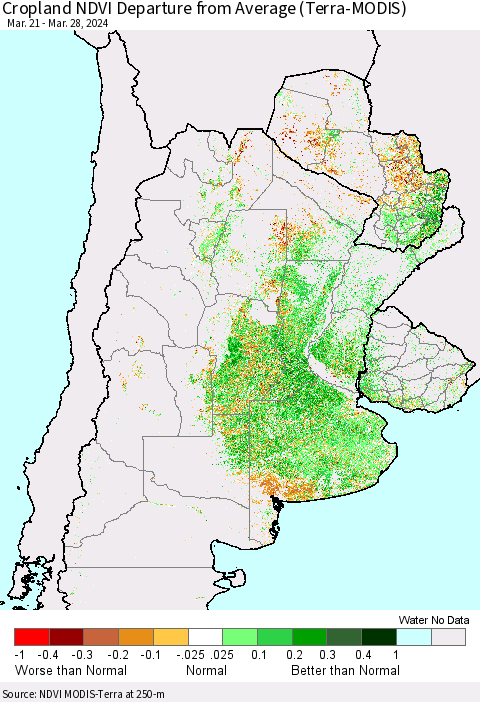 Southern South America Cropland NDVI Departure from Average (Terra-MODIS) Thematic Map For 3/21/2024 - 3/28/2024
