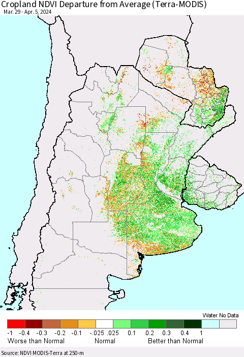 Southern South America Cropland NDVI Departure from Average (Terra-MODIS) Thematic Map For 3/29/2024 - 4/5/2024