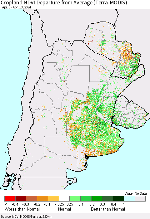 Southern South America Cropland NDVI Departure from Average (Terra-MODIS) Thematic Map For 4/6/2024 - 4/13/2024