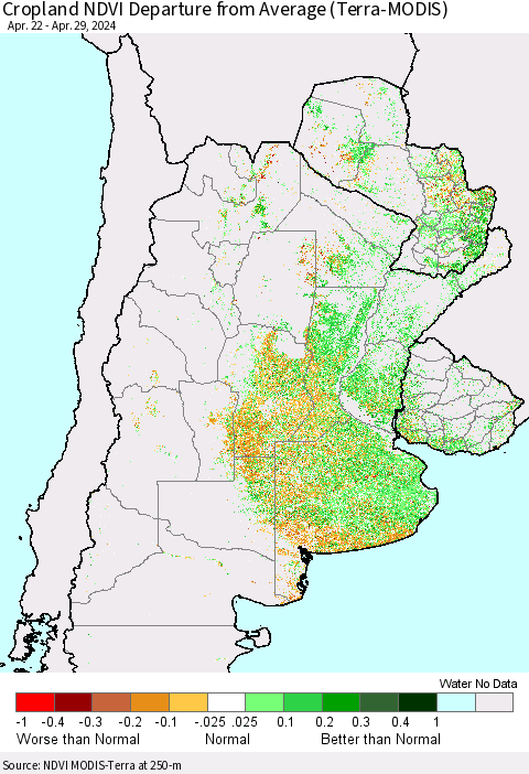 Southern South America Cropland NDVI Departure from Average (Terra-MODIS) Thematic Map For 4/22/2024 - 4/29/2024