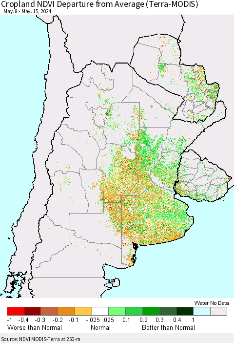 Southern South America Cropland NDVI Departure from Average (Terra-MODIS) Thematic Map For 5/8/2024 - 5/15/2024
