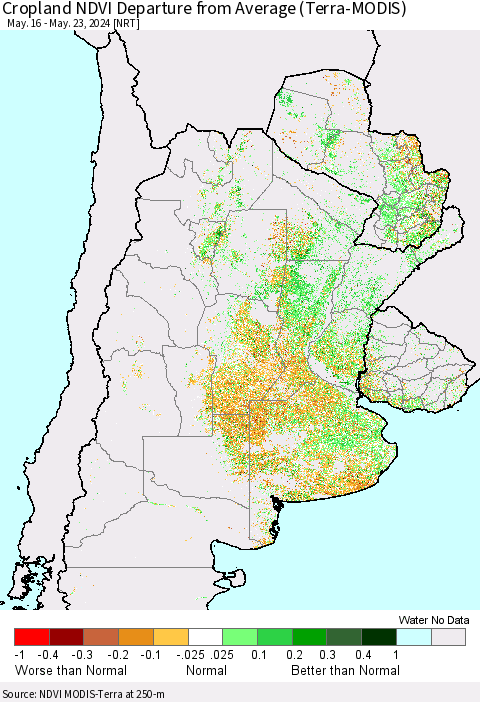 Southern South America Cropland NDVI Departure from Average (Terra-MODIS) Thematic Map For 5/16/2024 - 5/23/2024