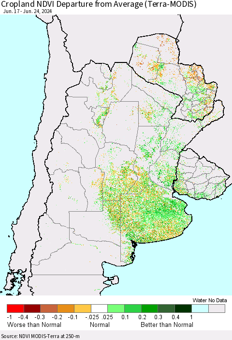 Southern South America Cropland NDVI Departure from Average (Terra-MODIS) Thematic Map For 6/17/2024 - 6/24/2024