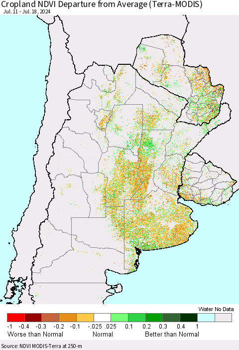 Southern South America Cropland NDVI Departure from Average (Terra-MODIS) Thematic Map For 7/11/2024 - 7/18/2024