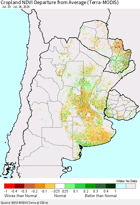 Southern South America Cropland NDVI Departure from Average (Terra-MODIS) Thematic Map For 7/19/2024 - 7/26/2024
