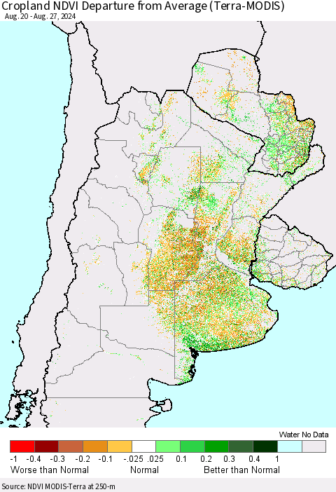 Southern South America Cropland NDVI Departure from Average (Terra-MODIS) Thematic Map For 8/20/2024 - 8/27/2024