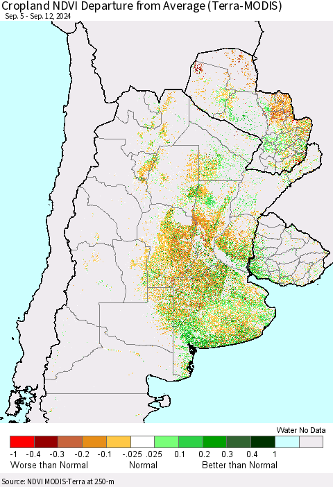 Southern South America Cropland NDVI Departure from Average (Terra-MODIS) Thematic Map For 9/5/2024 - 9/12/2024