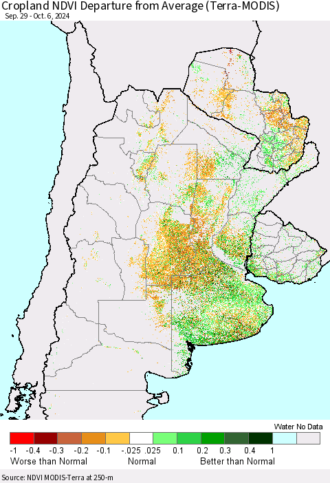 Southern South America Cropland NDVI Departure from Average (Terra-MODIS) Thematic Map For 9/29/2024 - 10/6/2024