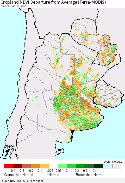 Southern South America Cropland NDVI Departure from Average (Terra-MODIS) Thematic Map For 1/9/2025 - 1/16/2025