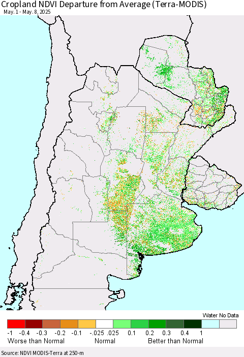 Southern South America Cropland NDVI Departure from Average (Terra-MODIS) Thematic Map For 5/1/2025 - 5/8/2025