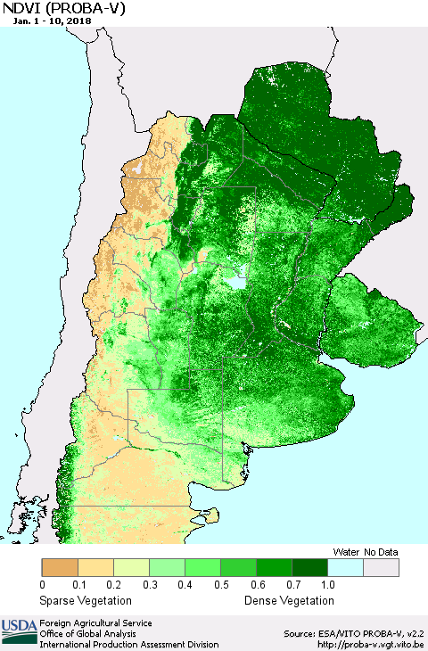 Southern South America NDVI (PROBA-V) Thematic Map For 1/1/2018 - 1/10/2018