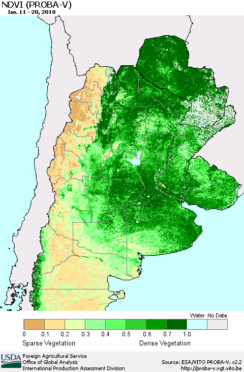 Southern South America NDVI (PROBA-V) Thematic Map For 1/11/2018 - 1/20/2018