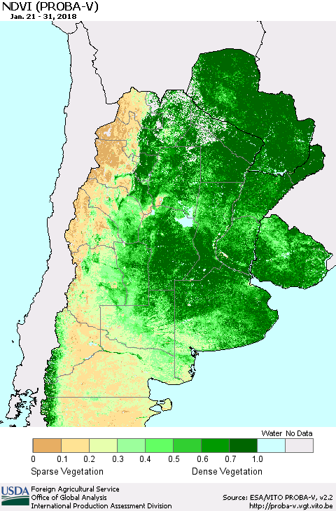 Southern South America NDVI (PROBA-V) Thematic Map For 1/21/2018 - 1/31/2018