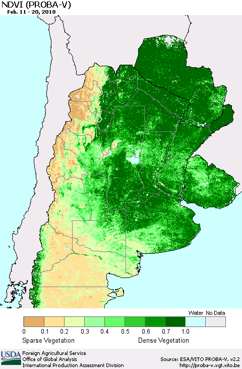 Southern South America NDVI (PROBA-V) Thematic Map For 2/11/2018 - 2/20/2018