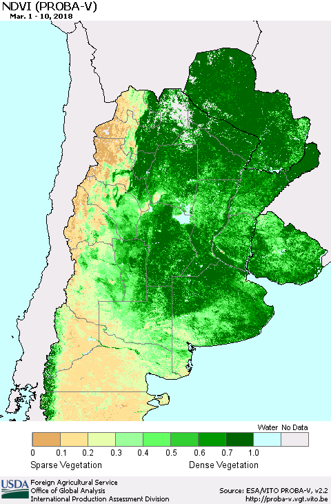 Southern South America NDVI (PROBA-V) Thematic Map For 3/1/2018 - 3/10/2018