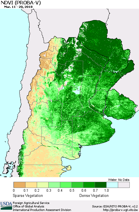 Southern South America NDVI (PROBA-V) Thematic Map For 3/11/2018 - 3/20/2018