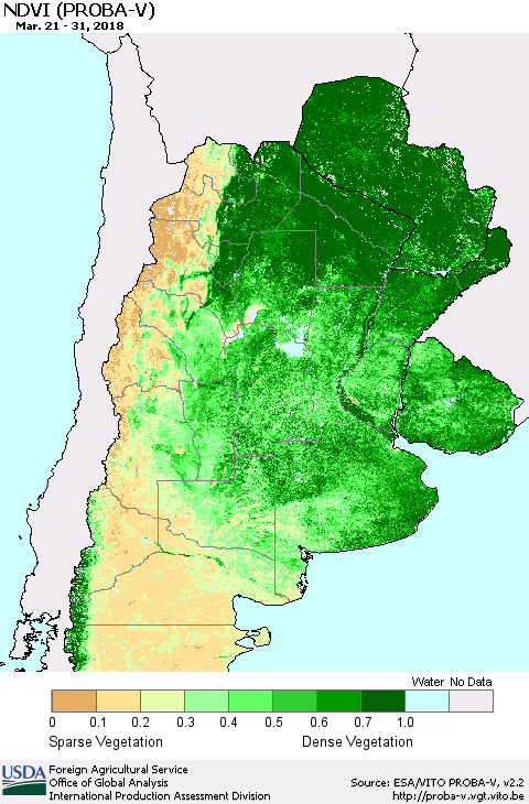 Southern South America NDVI (PROBA-V) Thematic Map For 3/21/2018 - 3/31/2018