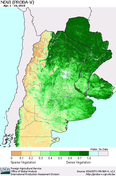 Southern South America NDVI (PROBA-V) Thematic Map For 4/1/2018 - 4/10/2018