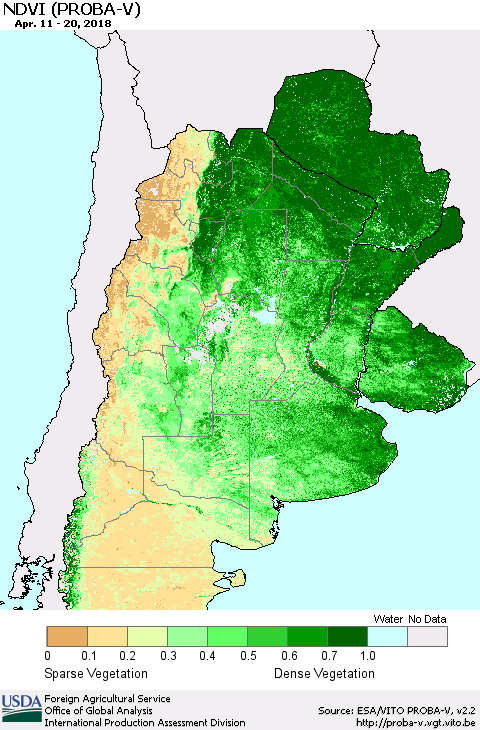 Southern South America NDVI (PROBA-V) Thematic Map For 4/11/2018 - 4/20/2018
