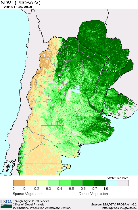 Southern South America NDVI (PROBA-V) Thematic Map For 4/21/2018 - 4/30/2018