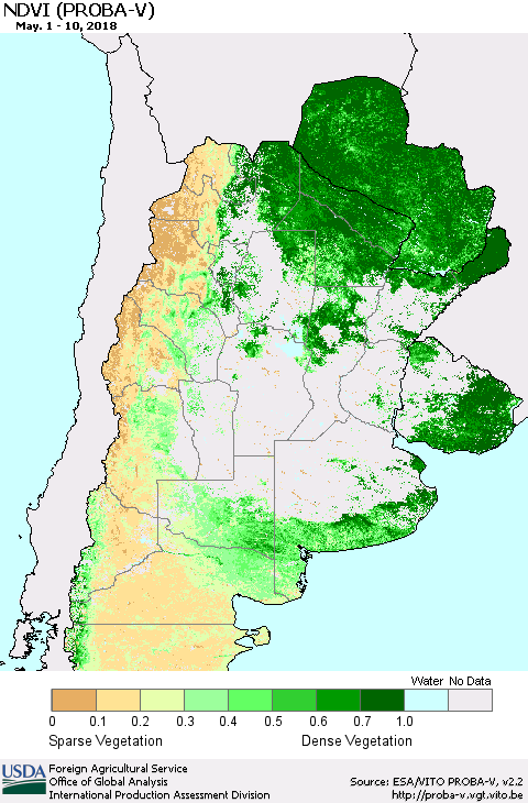Southern South America NDVI (PROBA-V) Thematic Map For 5/1/2018 - 5/10/2018