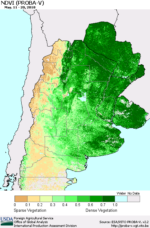 Southern South America NDVI (PROBA-V) Thematic Map For 5/11/2018 - 5/20/2018