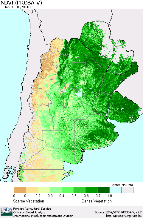 Southern South America NDVI (PROBA-V) Thematic Map For 6/1/2018 - 6/10/2018