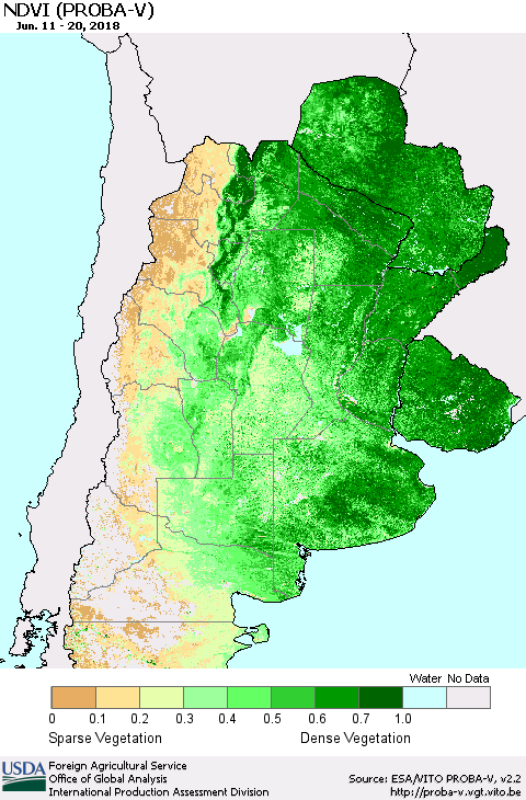 Southern South America NDVI (PROBA-V) Thematic Map For 6/11/2018 - 6/20/2018