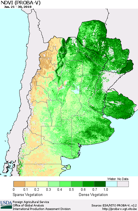 Southern South America NDVI (PROBA-V) Thematic Map For 6/21/2018 - 6/30/2018