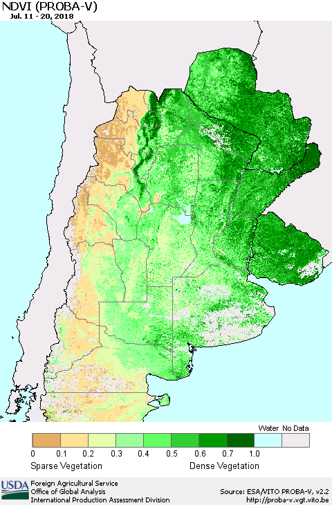 Southern South America NDVI (PROBA-V) Thematic Map For 7/11/2018 - 7/20/2018