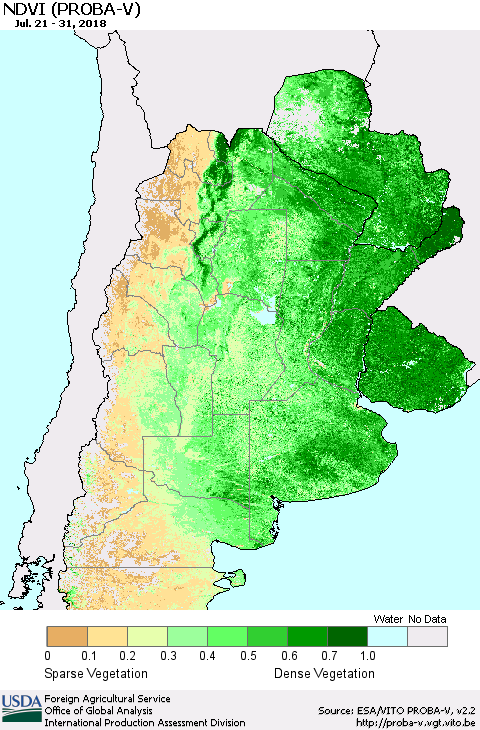 Southern South America NDVI (PROBA-V) Thematic Map For 7/21/2018 - 7/31/2018
