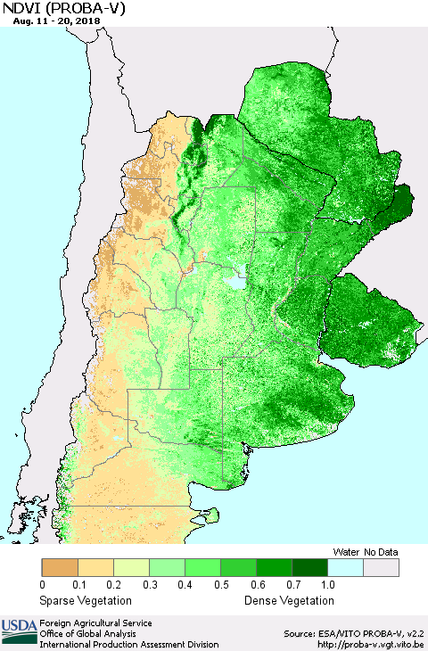 Southern South America NDVI (PROBA-V) Thematic Map For 8/11/2018 - 8/20/2018
