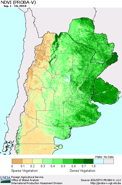 Southern South America NDVI (PROBA-V) Thematic Map For 9/1/2018 - 9/10/2018