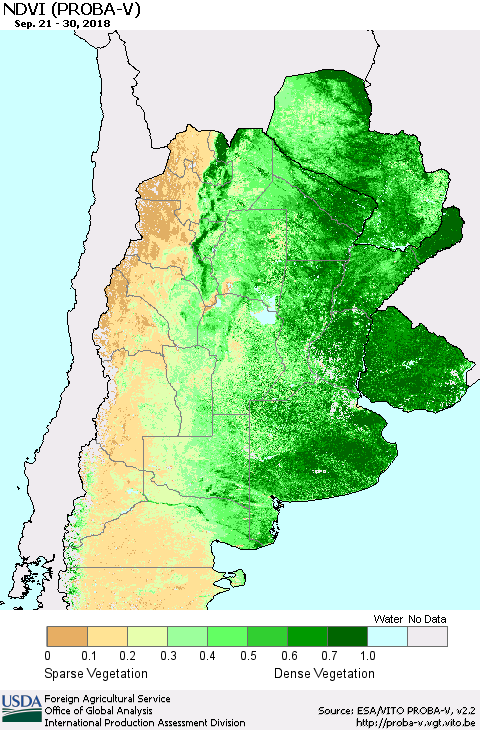 Southern South America NDVI (PROBA-V) Thematic Map For 9/21/2018 - 9/30/2018