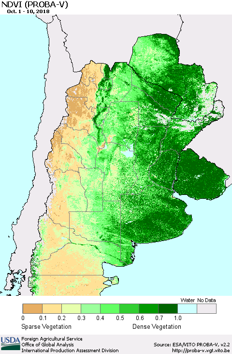 Southern South America NDVI (PROBA-V) Thematic Map For 10/1/2018 - 10/10/2018