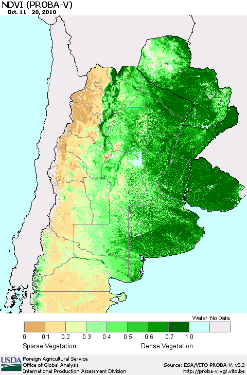 Southern South America NDVI (PROBA-V) Thematic Map For 10/11/2018 - 10/20/2018
