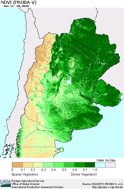 Southern South America NDVI (PROBA-V) Thematic Map For 11/11/2018 - 11/20/2018