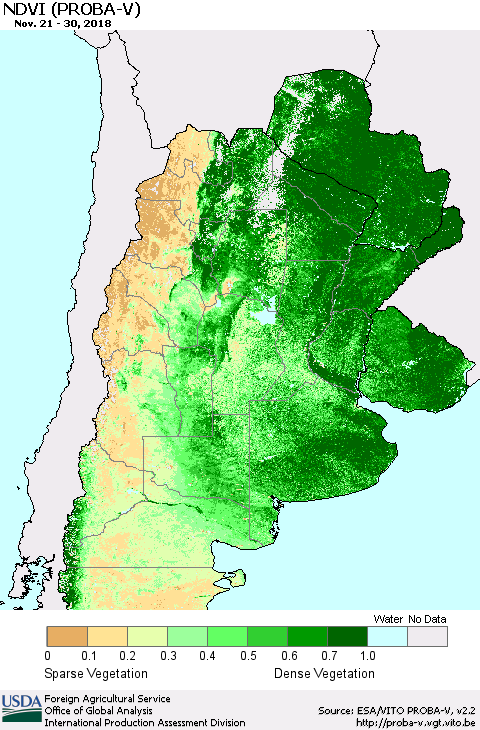 Southern South America NDVI (PROBA-V) Thematic Map For 11/21/2018 - 11/30/2018