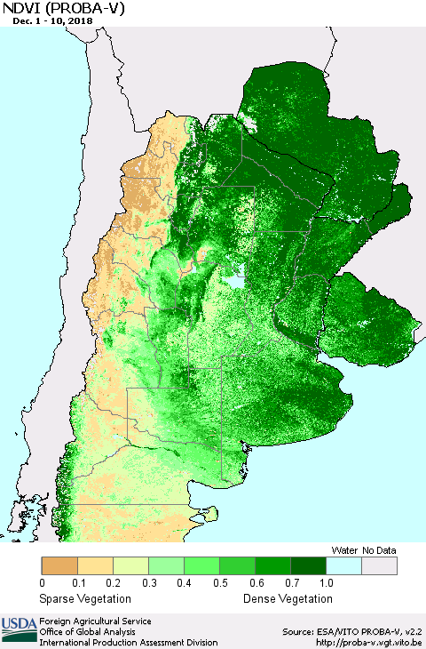 Southern South America NDVI (PROBA-V) Thematic Map For 12/1/2018 - 12/10/2018