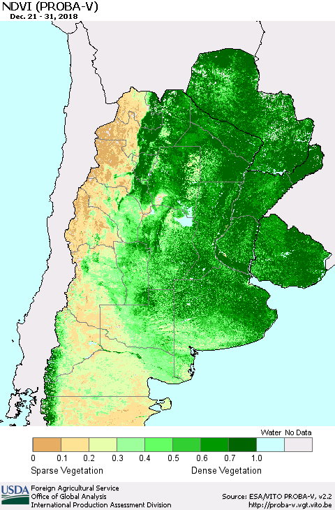 Southern South America NDVI (PROBA-V) Thematic Map For 12/21/2018 - 12/31/2018