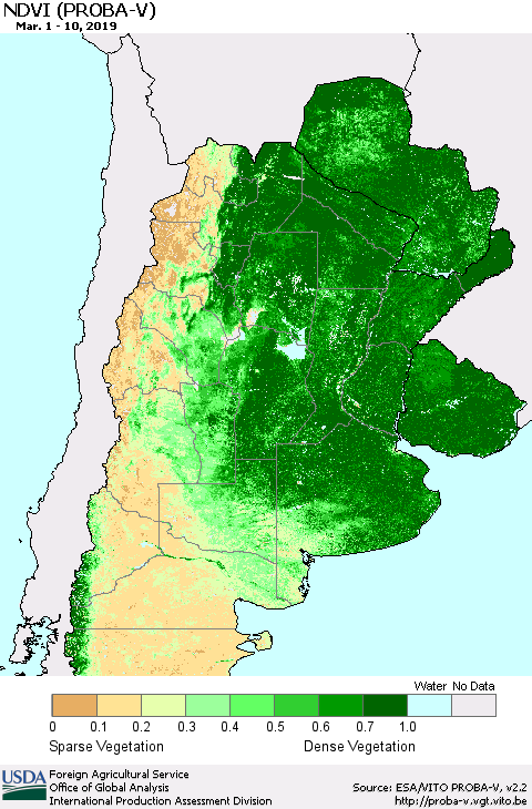 Southern South America NDVI (PROBA-V) Thematic Map For 3/1/2019 - 3/10/2019