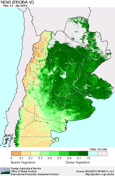 Southern South America NDVI (PROBA-V) Thematic Map For 3/11/2019 - 3/20/2019