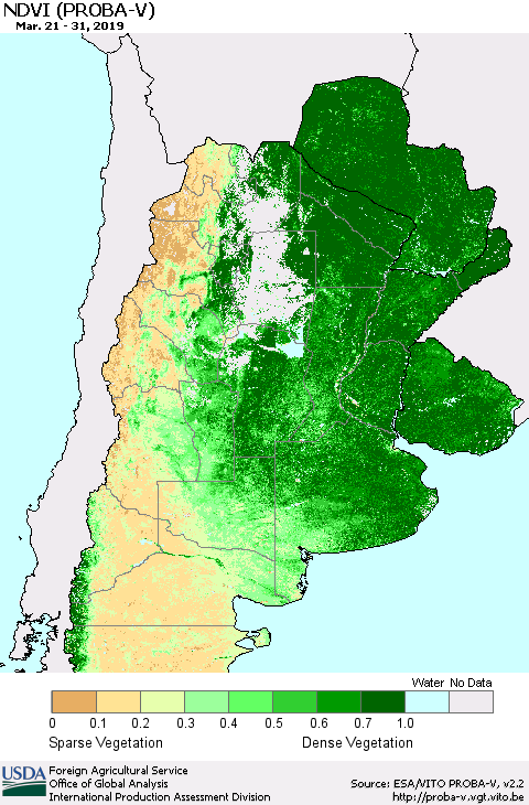 Southern South America NDVI (PROBA-V) Thematic Map For 3/21/2019 - 3/31/2019