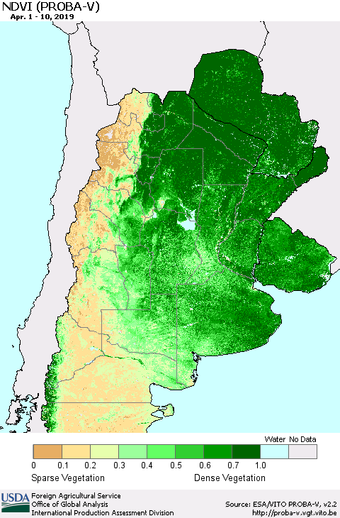 Southern South America NDVI (PROBA-V) Thematic Map For 4/1/2019 - 4/10/2019