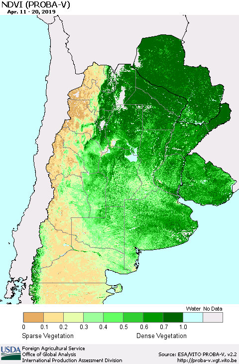 Southern South America NDVI (PROBA-V) Thematic Map For 4/11/2019 - 4/20/2019